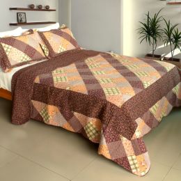 [Artistic Chic] 100% Cotton 3PC Vermicelli-Quilted Patchwork Quilt Set (Full/Queen Size)