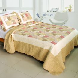 [Dream Production ] Cotton 3PC Vermicelli-Quilted Printed Quilt Set (Full/Queen Size)