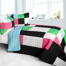 [Throb of Encounters] 3PC Vermicelli-Quilted Patchwork Quilt Set (Full/Queen Size)