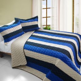 [Sea Waves] 3PC Vermicelli-Quilted Patchwork Quilt Set (Full/Queen Size)